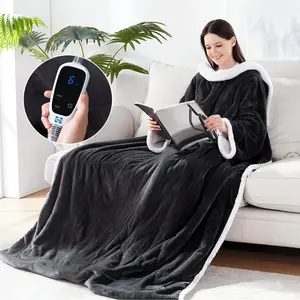 Electric Blanket Wearable with Foot Pocket, Electric Snuggle Blanket with Sleeves, Flannel & Sherpa Heating Throw with 6 Heat Settings & 2-10 Hours Auto Shut Off, 50 * 70"+18", Dark Grey