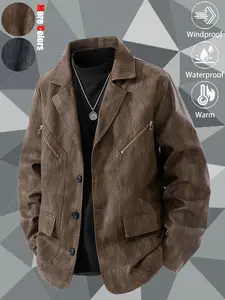 New Men's Casual Fashion Loose-Fit Mid-Length Leather Blazer Windproof, Warm, Waterproof, Durable, Washable, Distressed Finish Business-Style Trench Coat Jacket Ideal for Daily Commuting, Outdoor Adventures, Hiking, and Fishing Outfits
