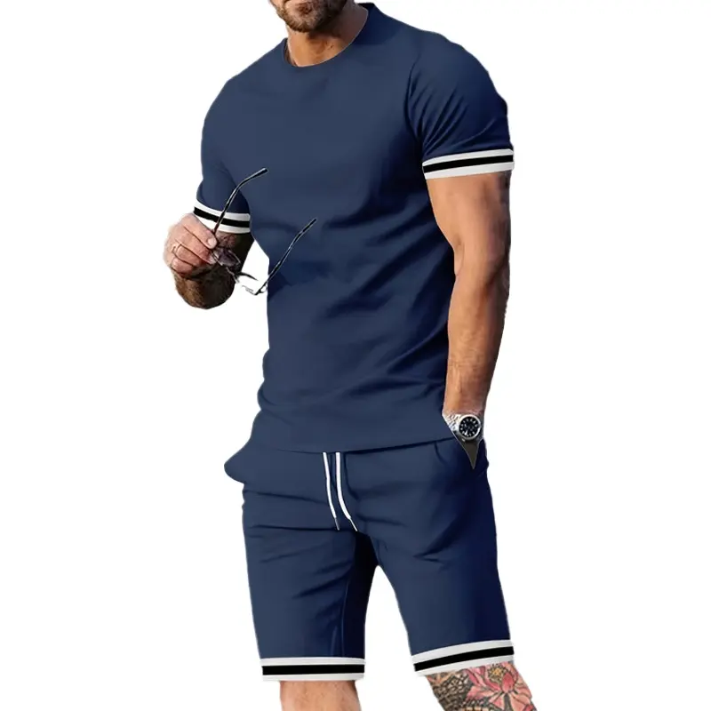 KZZ 2026 Summer Men's Short-Sleeved T-Shirt Round Neck Set with Sports Men's Casual Shorts Two-Piece Set in Navy Blue