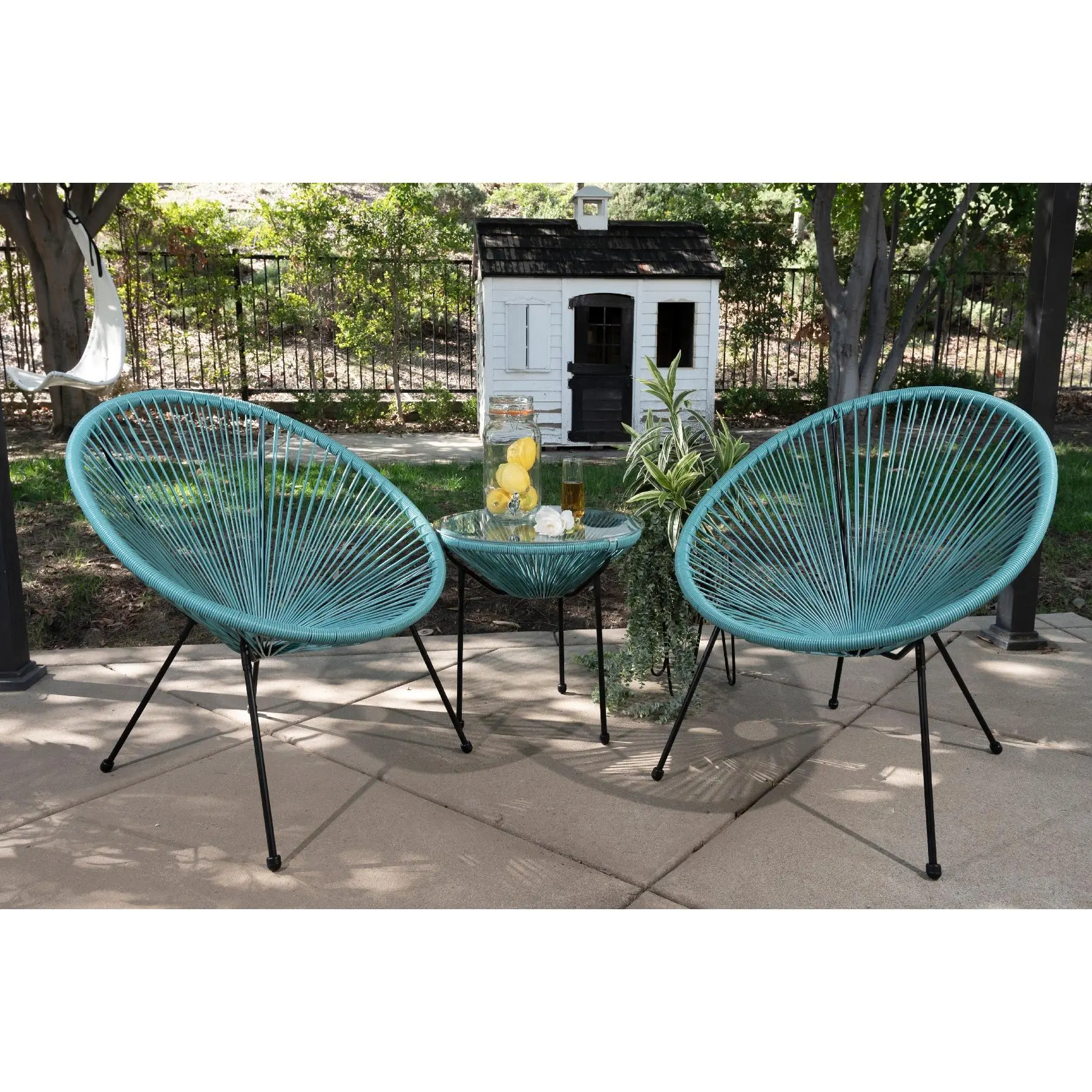 BARTON 3PCS Modern All-Weather Outdoor Acapulco Patio Chairs Set - Woven Plastic Hammock Weave Design, High-Back 2-Seat Seating, Polished Round Tempered Glass Top Table