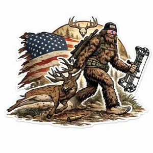 Bigfoot Deer Hunting Sticker, Funny American Flag Hunter Vinyl Decal for Trucks, Coolers & Laptops, Waterproof Outdoor Hunting Gear Gift