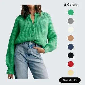 SCUSTY Women's Casual Long Sleeve Crewneck Button Down Cardigan Sweater Knit Outwear Loose Fit Solid Color Knitwear for Spring Fall