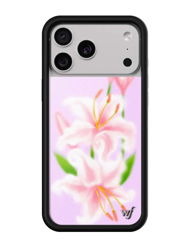 Sweet Lily | Limited Edition Trendy Collab iPhone Case | Raised Protective Black Bumper | Women Owned Small Business | Pink Background Vibrant Pink and White Lily Green Leaves | Safety Casing Protective | Gift for Her