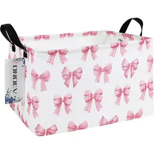 Rectangular Pink Bow Collapsible Storage Basket Cute Bow Toy Storage Organizer for Kids Girls, for Nursery Home Bedroom Playroom Closet, Ideal New Parent Gift (Pink Knot)