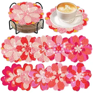 10 PCS Colorful Stylish Pink Flower 5D Diamond Art Coaster Set with Holder, DIY Diamond Painting Cup Mats for Adults, Floral Home Table Decor Craft Gift
