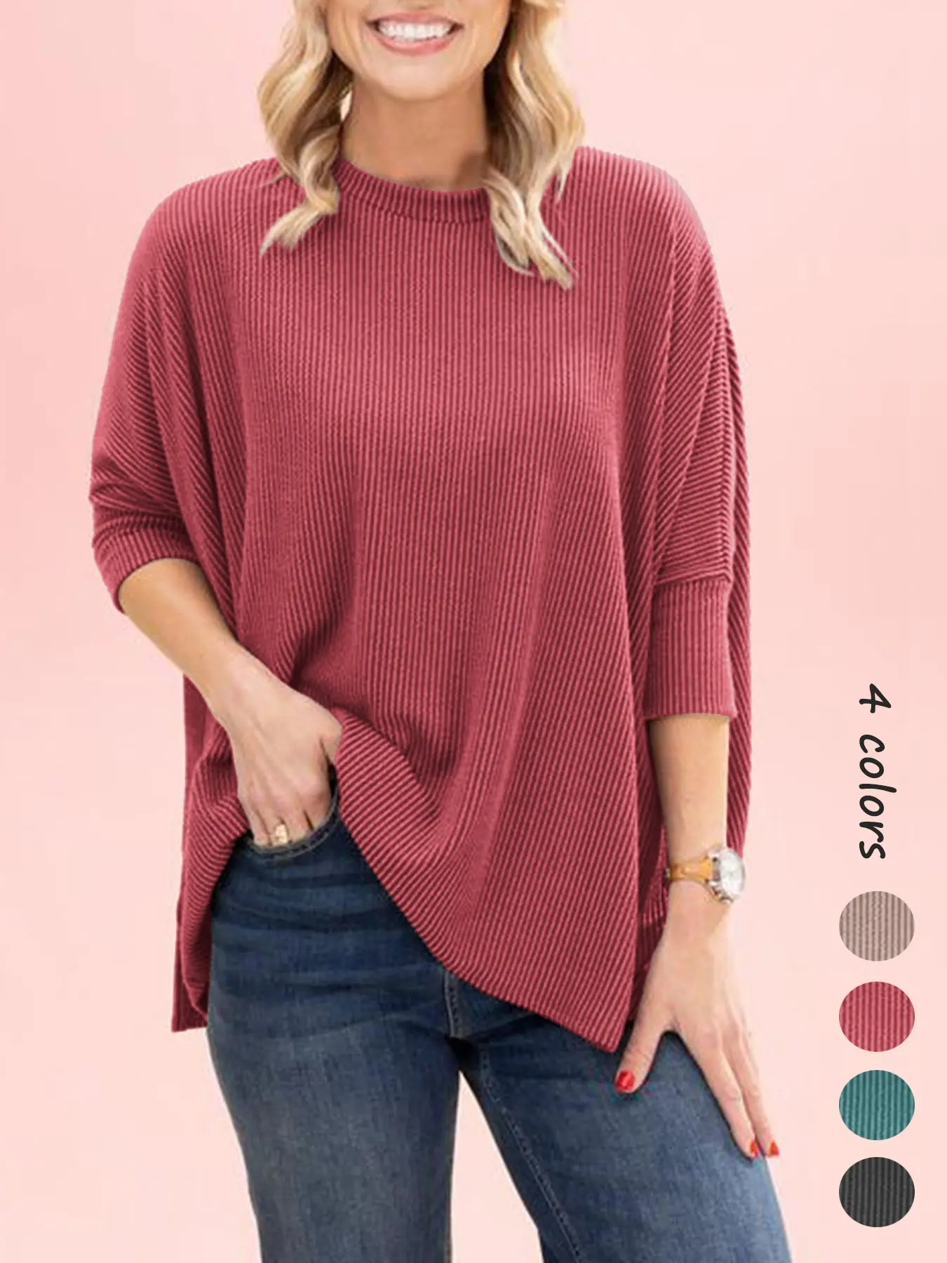 Women's Summer Striped Batwing Top, Round Neck, Loose Fit Casual Style Essential Basic Tee, Womenswear, 7/8 Sleeve Design, Perfect for Daily Wear, Breathable, Soft & Comfortable Shirts