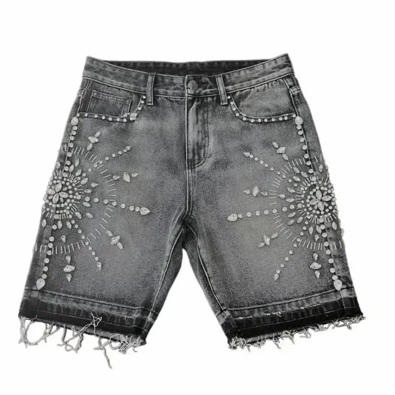 pocket short Retro Gothic Y2k Sweatpants Oversized Iron Diamond Pattern Denim Shorts for Men Hip Hop Punk Low Waist Gym Shorts Streetwear