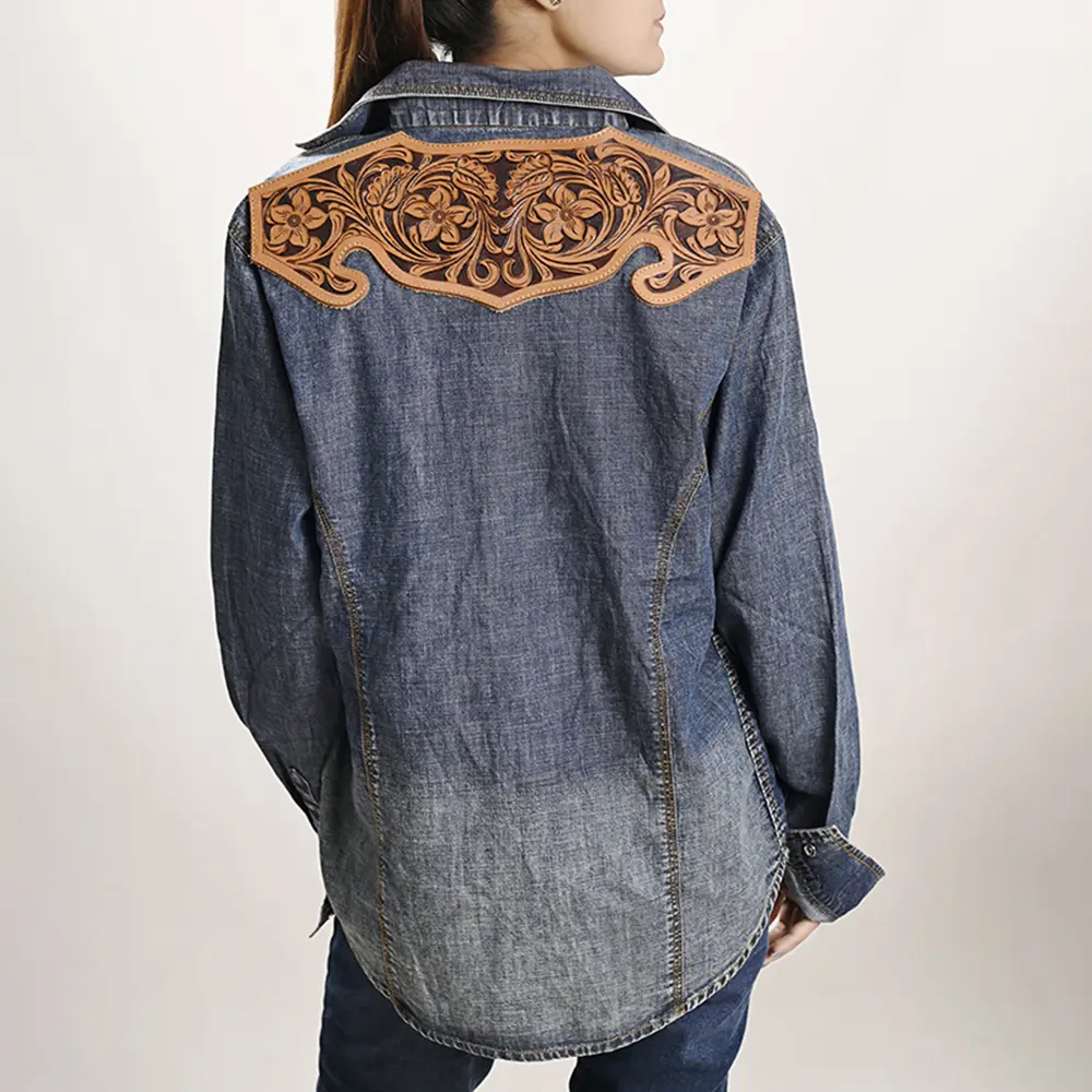 American Darling Genuine leather Hand tooled carved Women 100% cotton Denim Blazer dress jacket ladies | Vintage