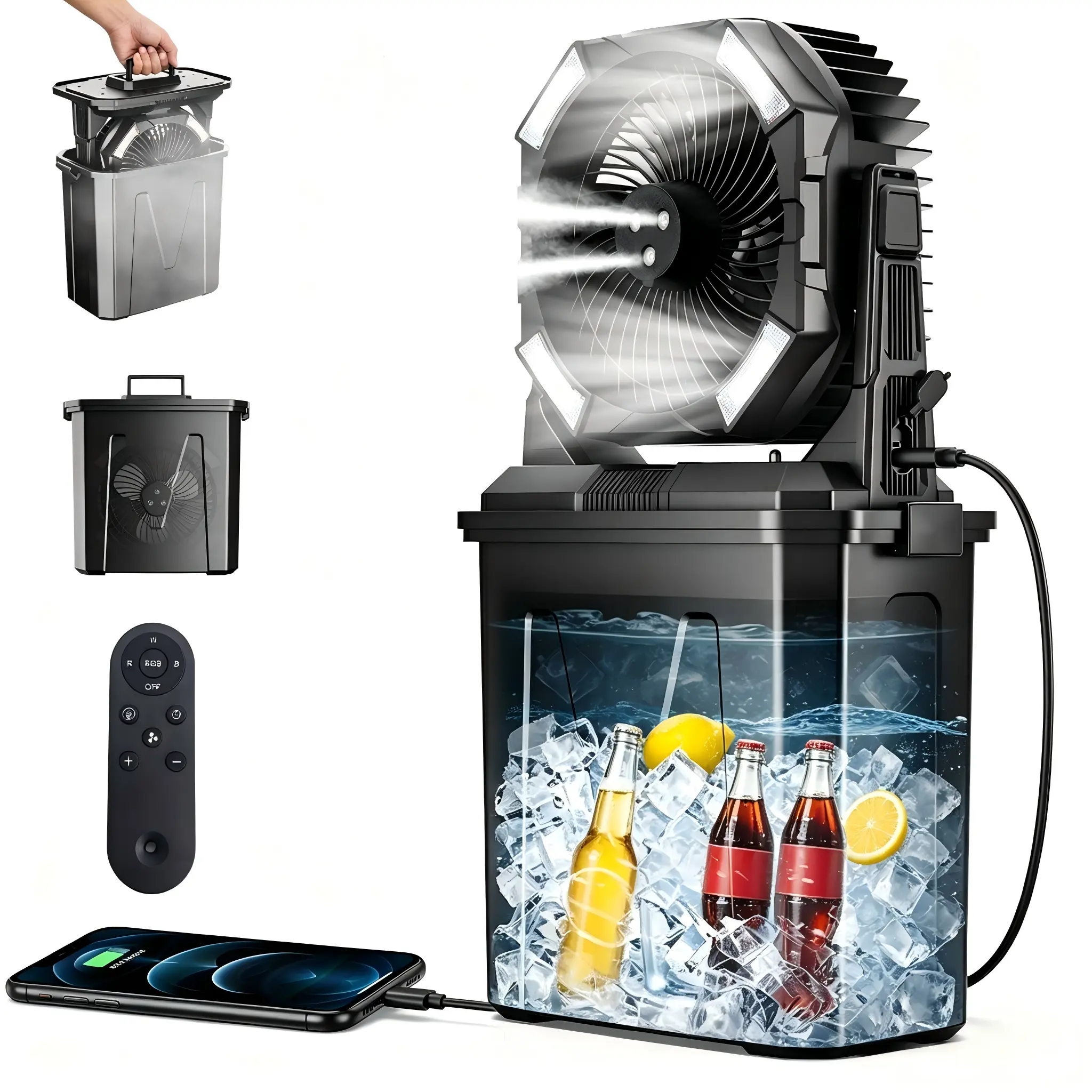 New Portable Misting Fan - 20000mAh Rechargeable Cooling Fan, 10L Water Tank, 15-60H Runtime, 4.6m/s Strong Wind, 4 Speeds, 4 Mist Levels, LED Light, Remote Control, Timer Function, for Camping, Beach, Patio, Portable Fan