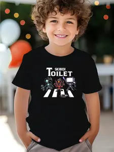 Boys' Black Robot Graphic T-Shirt - "SKI BIDI Toilet" Design, Soft Cotton, Crew Neck, Short Sleeve - Perfect for Play, Sports & Casual Attire, Sports Tee | Humorous Print | Comfortable Fit