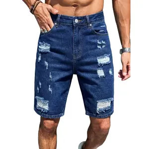 Men's Slim Fit Ripped Vintage Dark Wash Distressed Denim Shorts - Summer Tailored Jorts with Golden Vibe Tee Uniform Top Elements