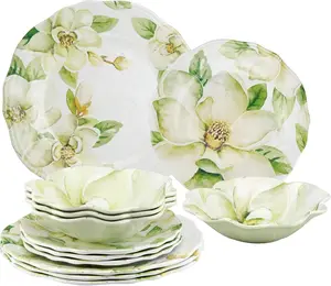 12-Piece Magnolia Melamine Dinnerware Set for 4  Green Floral Outdoor Plates & Bowls Set, Lightweight Shatter-Resistant Patio Tableware, Dishwasher Safe Camping RV Picnic Kitchen Dining Dish Set for Indoor Outdoor Use