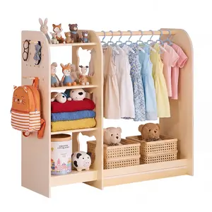 VEVOR Wooden Kids Dress Up Storage Rack with Mirror - Children's Wardrobe Closet, Costume Organizer, Natural Playroom & Bedroom Furniture for Little Girls