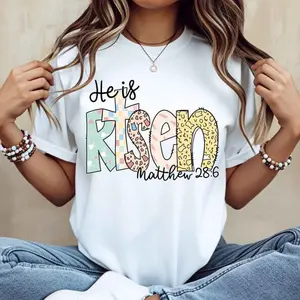 ✝️🌸 [Graphic Tee] Women’s "He Is Risen" T-Shirt| White Graphic Tee, Matthew 28:6| Christian Easter Shirt| Soft Cotton Crew Neck Top| Faith-Based Spring/Summer Outfit| Religious Gift for Her