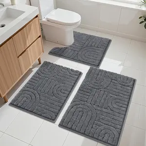 Bathroom Mats Sets 3 Pieces, Non Slip Washable Bath Rug Set, Absorbent Bathroom Carpet with U-Shaped Toilet Rug, Microfiber Bath Mats for Shower and Tub (Grey, 18''x26''+20''x32''+20''x24'')