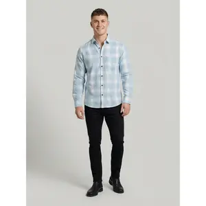 Men's Light Blue and White Plaid Long Sleeve Button-Down Shirt
