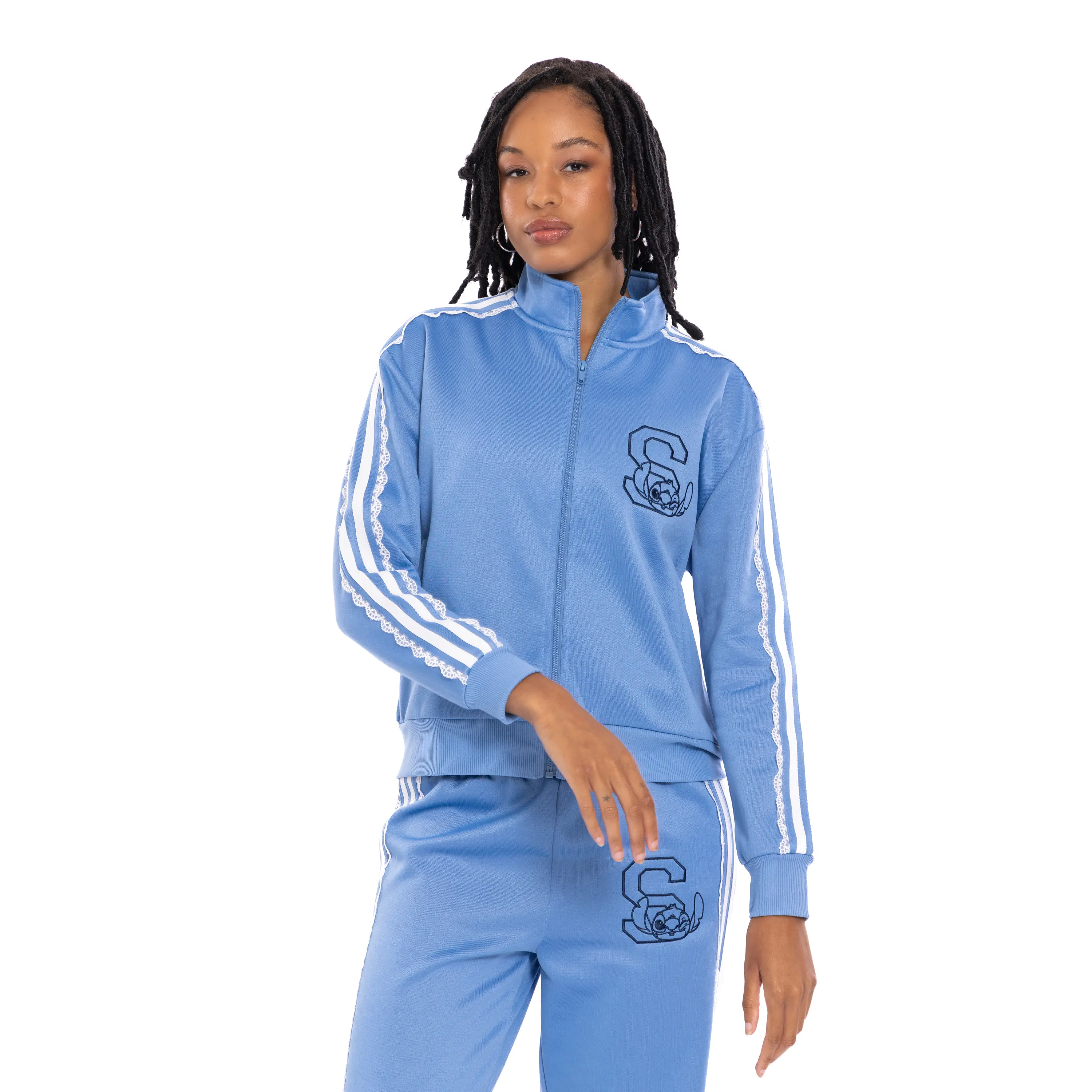 Disney Lilo & Stitch Girls' Retro Sporty Longsleeves Graphic Zip-Front Track Coat, Light Blue Stitch Style