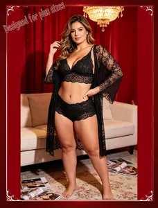 Lace romantic robe (Buy 1 get 2 free: matching lace bra and panties as free gifts)Set with Lace Wrap Robe Sleepwear Sheer Night Dress for Special Occasions and Regular Wear Floral Casual