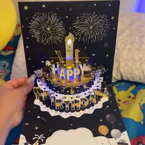INPHER DIY Age Birthday Cards Fireworks Pop Up Cake Light and Music Black and Gold Happy Birthday Card Gift for Husband, Men, Women, Mom, Grandma