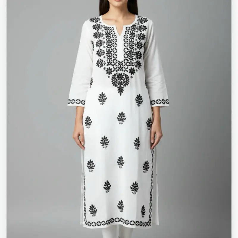 Premium Chikankari 22kg Rayon Fabric Summer Cool Long Tops Length 46 Inches with Intricate Embroidery