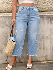 Plus Size Women's Washed Ripped Casual Loose Straight Leg Jeans, Pocket, High Waist Long Pants, Elastic Fabric, All Seasons, New Arrival