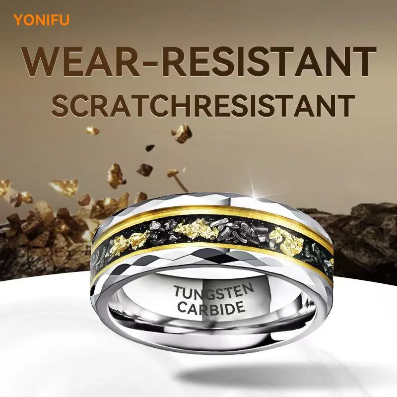 Yonifu 8MM Two-Tone Gold Flake Tungsten Engagement Ring Men's Wedding Band Wear-Resistant Scratch-Resistant Tungsten Carbide