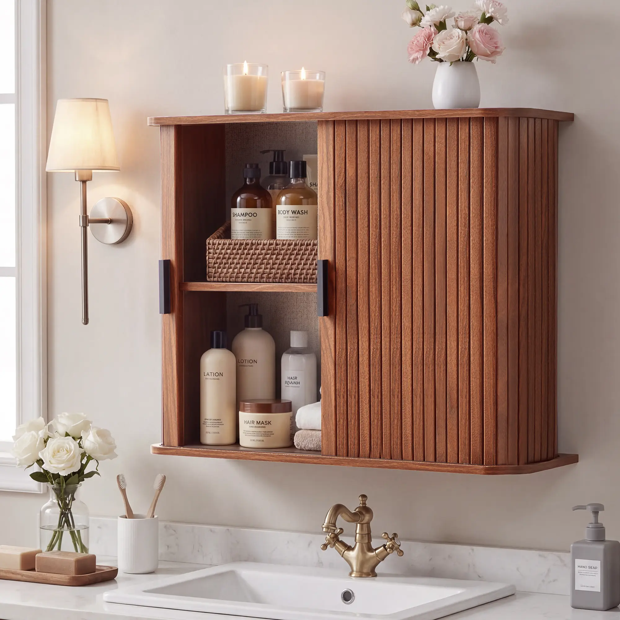 Giratree  Fluted Wall Mounted Bathroom Cabinet with Sliding Doors, Medicine Cabinet Storage for Over the Toilet, Space Saver Organizer for Small Bathroom Laundry Kitchen