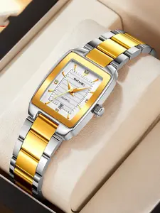 Women's Business Watch with Stainless Steel Band, Retro Square Waterproof Quartz Analog Clock, Elegant Plain Pattern