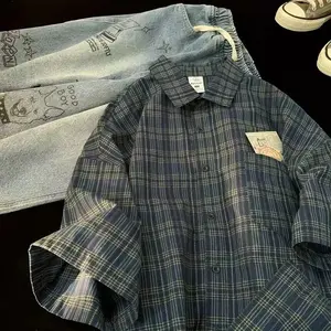 Japanese Vintage Plaid Short Sleeve Shirt Men's Streetwear Loose Fit High-end Feel Casual Stylish Versatile Half Sleeve Jacket Menswear Top