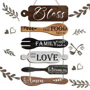 Wooden Kitchen Wall Decor, 1 Set Letter & Kitchen Utensils Pattern Wall Art with Rope, Wall Decor for Home Kitchen Dining Room, Ornaments,Valentine's Day gift
