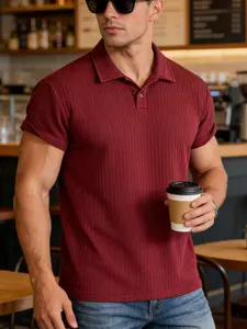 Men's Knitted Plaid Hollow Out Breathable Short Sleeve Polo Shirt, Soft Comfortable Fabric, Suitable for Daily Wear