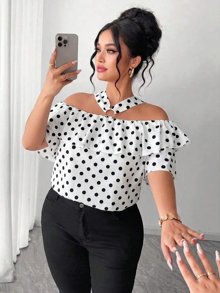 Shoulder Metal Decor Ring Ruffle Straight Neckline Plus Size Women Polka Dot Blouse- back to school outfit