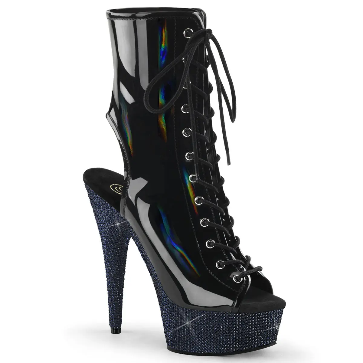 Women's 6-in Platform Heels, Bejeweled Lace-Up Black Holo Patent Footwear (Model BEJEWELED-1016-6)