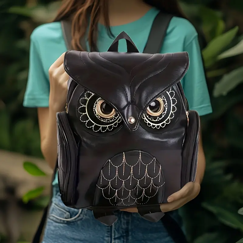 Women's Chic Owl-Themed PU Backpack - Black Solid Color Casual Portable Mini Daypack with Zip Closure, Adjustable Straps, Bulletproof Feature, Backpacks Women, Casual Backpack