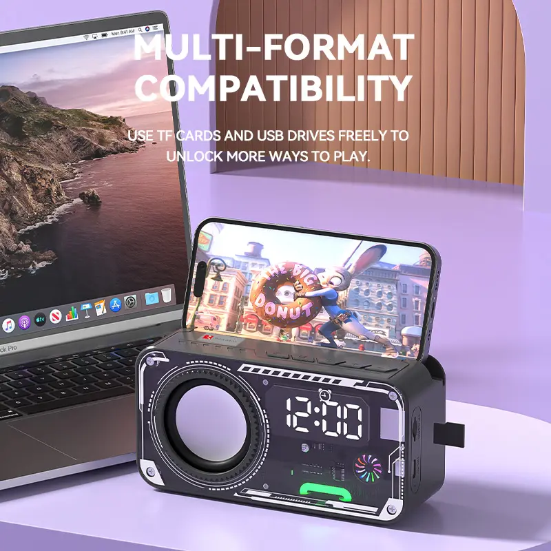 Lilac Purple Compact Portable Bluetooth Mechanical Speaker - Built-in Phone Stand, Digital Alarm Clock, RGB LED Lights, Wireless Stereo Subwoofer, TF Card Playback, USB-C, Dual Modes, Dorm Room Decor, Compatible with Phone, Laptop, Tablet, PC