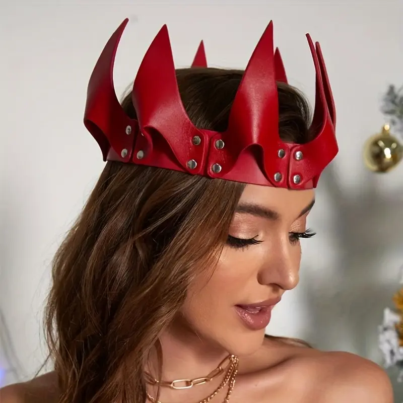 Black Red Crown Headpiece, Punk Y2K Style, Rivet Detail, Unisex for Cosplay, Masquerade, Carnival, Festive Party Accessory, Non-Textile, No Feathers, Average Size