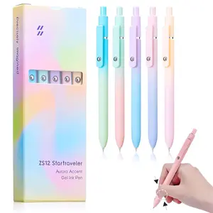 5 Pack Retractable Gel Pens Set, Quick Dry Black Ink Fine Point Soft Touch Roller Ball Gel Ink Pen for Smooth Writing (Aurora Color)