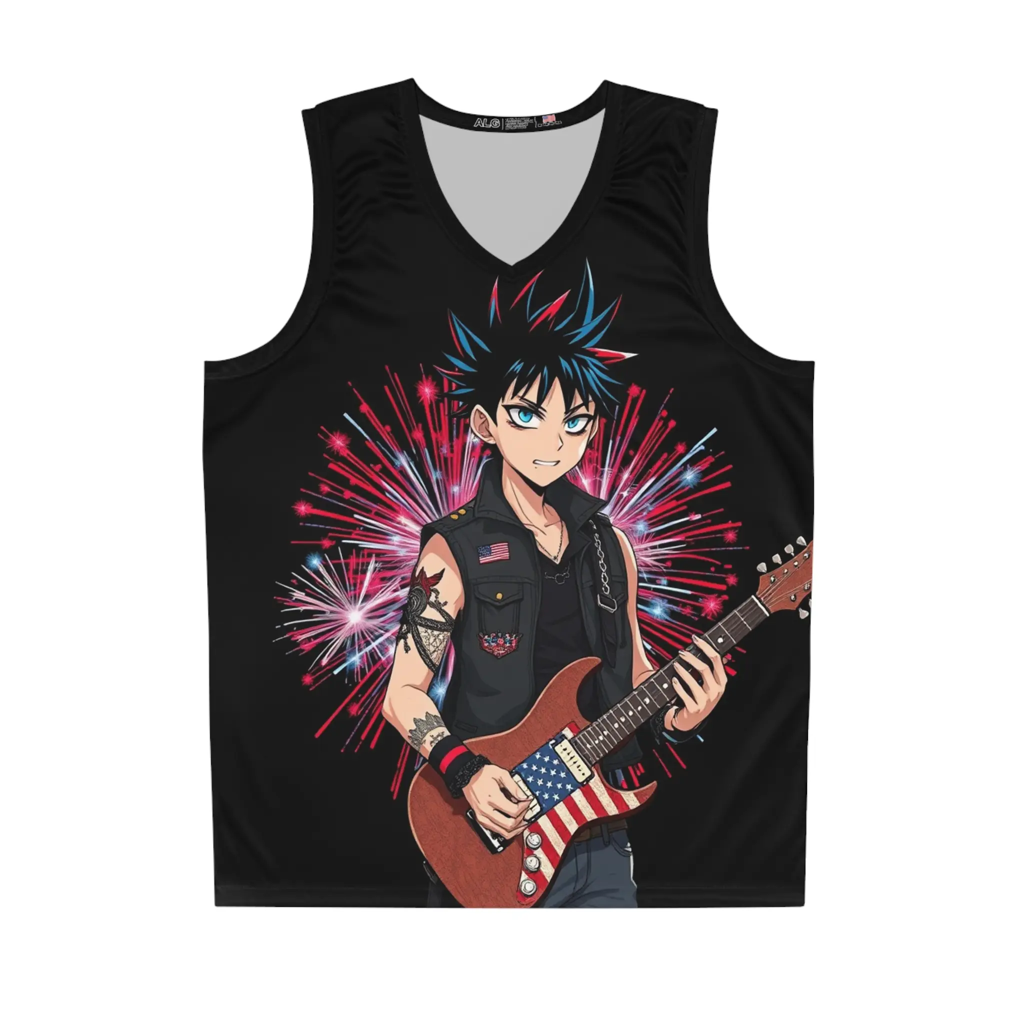 Rebel Rocker Basketball Jersey, Unisex AOP Tank Top, Anime Graphic Sportswear, Perfect for Gaming Events, Concerts, and Summer Fun