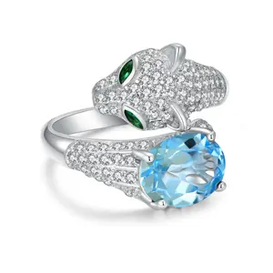 【#101】RTT Fashion 925 Sterling Silver Leopard Ring – Adjustable Open Band Blue-Green Gemstone Panther Ring for Women with CZ Eyes