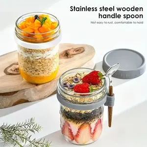 2pcs Glass Oatmeal Cups with Lids and Spoons, Airtight Container Set and Leak-proof, Multiple Color Options, Durable 350ml/ 12oz Jars for Overnight Oats, Cereal, Yogurt, Smoothies