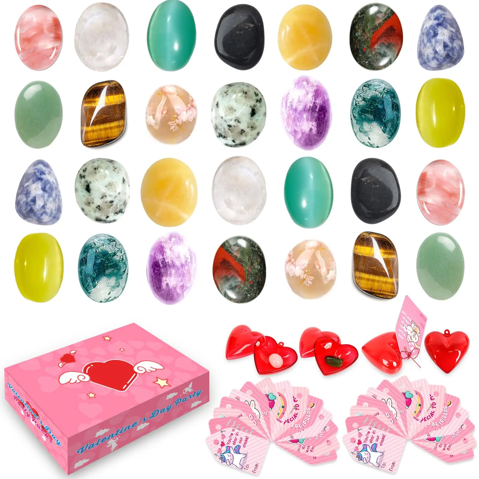 Unisex Natural Stone Card 24-Pack Gift Package (0.6-0.8 inch) - Valentine’s Classroom Party Favors, Class Swap Activity Supplies for Boys Girls
