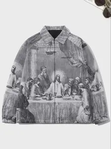 Autumn Men's Oversized Painting Print Jacket - Unique Art Design Graphic Print Outerwear for Couples - Medium Size Coats Fashion Menswear Thin Matching Tops Black Casual Long Sleeve Polyester