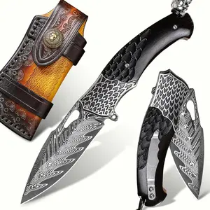 ALVELY High-quality pocket knife for men and women, Damascus steel folding knife with leather sheath, ebony handle, carved feather pattern, suitable for outdoor camping, EDC carrying adventure, hiking, gift