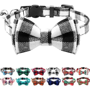 Upgraded version of cat collar with bell, detachable cat collar with bow, single-piece safety plaid collar for male and female cats, black
