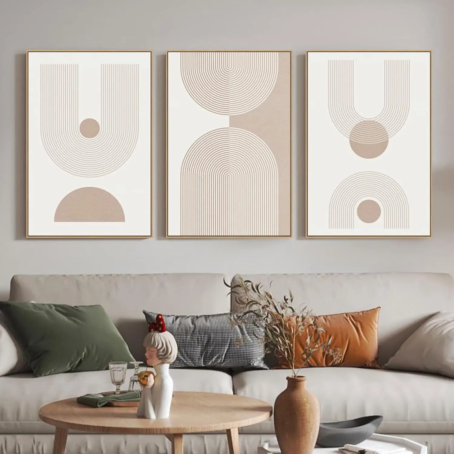 Zessonic Boho Mid Century Modern Wall Art Abstract Framed Canvas Print Neutral Geometric Line Painting, Nordic Decorative Artwork for Living Room Bedroom Office- Set of 3, 16"x24" -Ready to Hang, Room Art, Abstract Art Hanging Decor