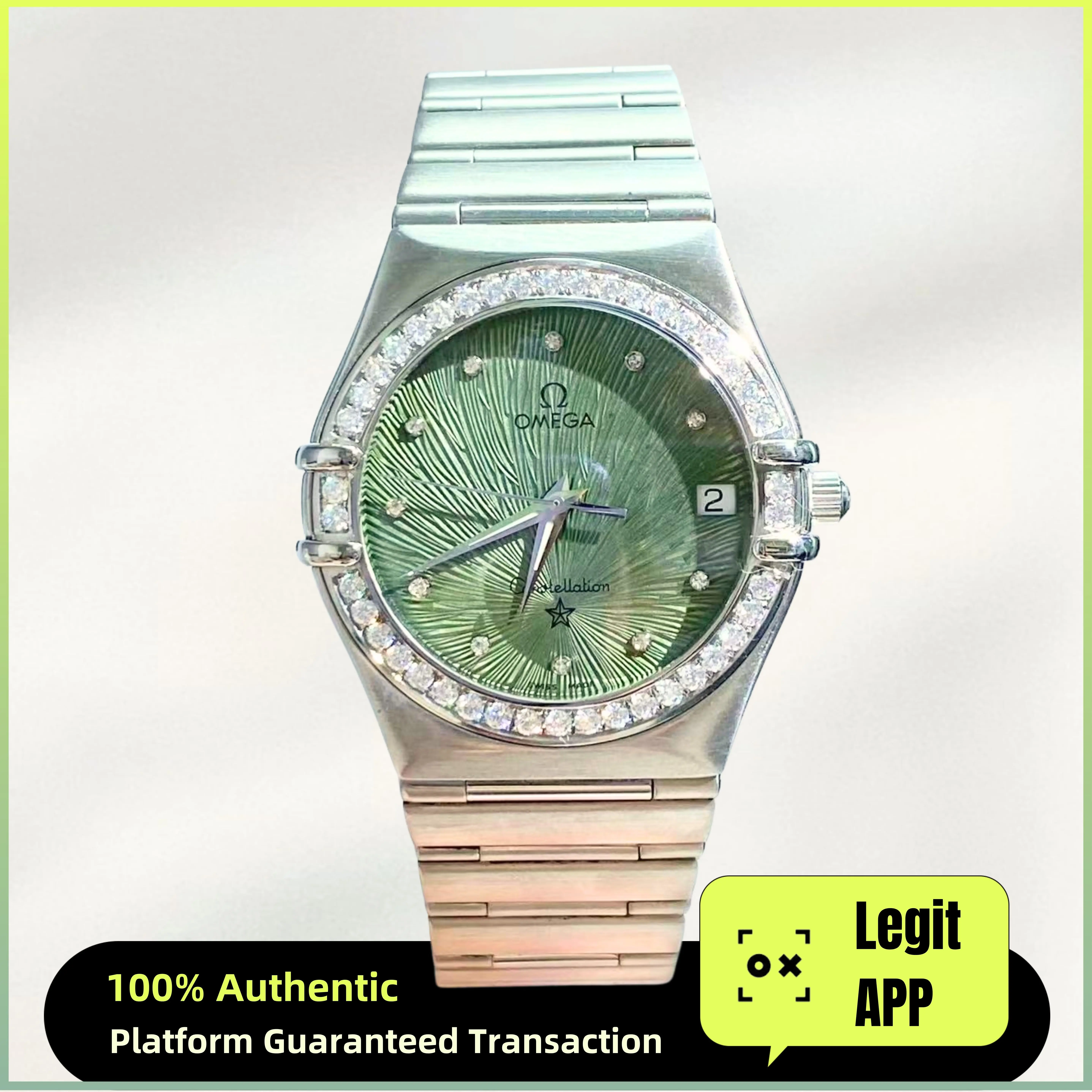 Omega Constellation 32.5mm Stainless Steel Quartz Aftermarket Green Dial & Diamond Bezel 21159481