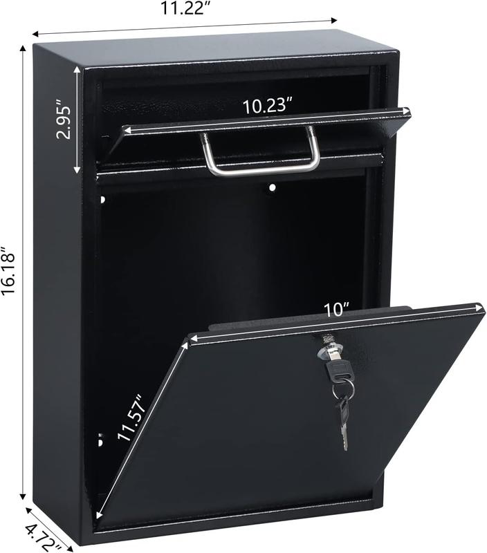 Metal Mailbox Wall Mount, Large Locking Mailbox with Key Lock, Hanging Secure Postbox,  Key Drop Box, Collection Boxes, Black, 17.6H x 12.2L x 5.7W Inches, XL Large