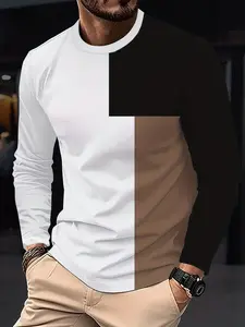 Men's Colorblock Print Simple Round Neck Long Sleeve T-Shirt, Outdoor Comfortable Breathable Sporty Top, Casual Streetwear, Casual Sports Top