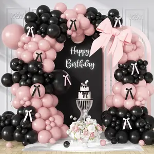 Pink Black Balloon Garland Arch Kit, 172Pcs Pink and Black Balloons for Coquette Birthday Wedding Baby Shower Bridal Shower Graduation Prom Party Decorations with Bows