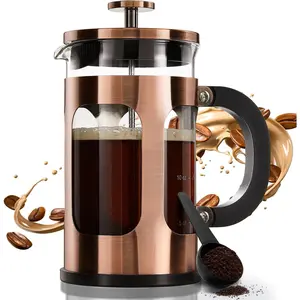 21oz 0.6L French Press Coffee Tea Pot Small Heat-Resistant Thickened Borosilicate Glass Stainless Steel Single Cup Brewer Cold Brew Coffee Pot Tea Pot Copper Material